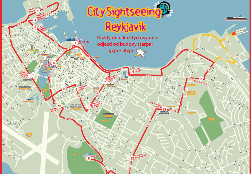 Trasa autobusové prohlídky Reykajvíku